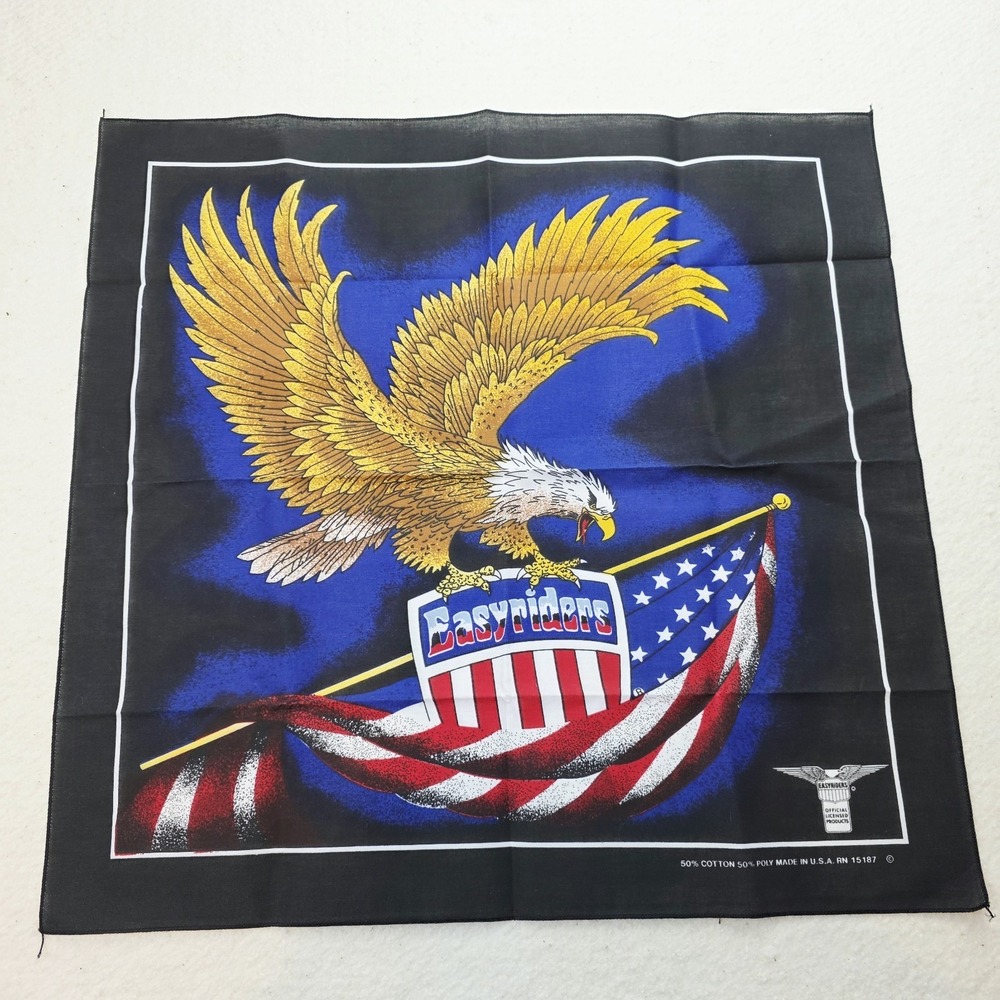 Vtg Official Easyriders Motorcycle Bandana Bald Eagle American Flag Black USA